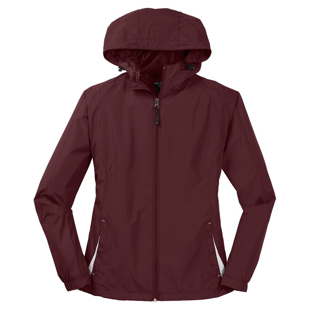 Women’s Sport-Tek Maroon Windbreaker Hooded Jacket, size large front zipper coat